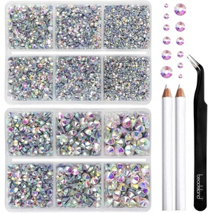 image:imageBEADSLAND Hotfix Rhinestones 6080PCS Blue Rhinestones for Clothes Crafts Mixed 6 Sizes with Wax Pencil and Tweezers Kit SS6SS30 AquamarineCrystal AB