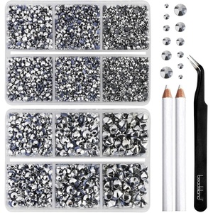 image:imageBEADSLAND Hotfix Rhinestones 6080PCS Blue Rhinestones for Clothes Crafts Mixed 6 Sizes with Wax Pencil and Tweezers Kit SS6SS30 AquamarineSilver Hematite